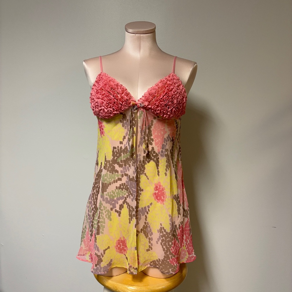 La SENZA Coral Floral Sheer Ruffle Triangle Top with Front Opening